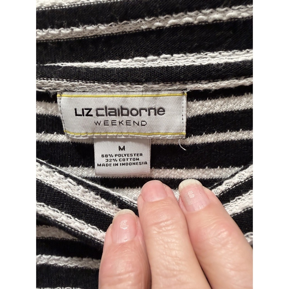 Liz Claiborne Weekend Woman Striped Top Black White Textured Knit 3/4 Sleeve - Picture 2 of 3